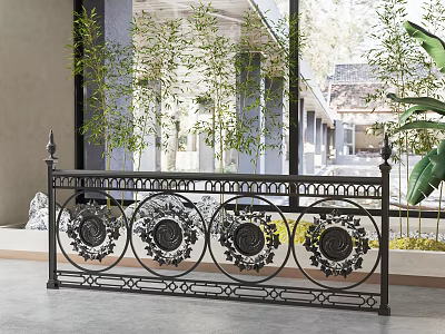 Ornate Black Wrought Iron Fence With Circular Patterns 3d model