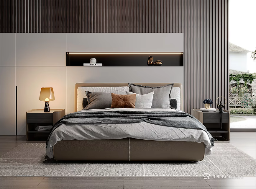 Modern Bedroom Interior With Double Bed Wooden Panel Wall And Nightstands 3d model 
