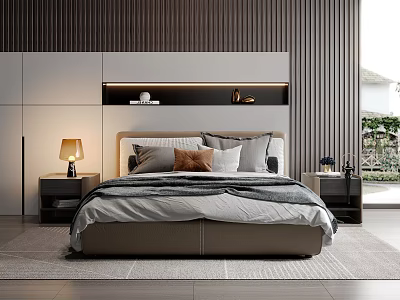 Modern Bedroom Interior With Double Bed Wooden Panel Wall And Nightstands 3d model