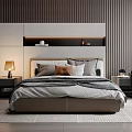 Modern Bedroom Interior With Double Bed Wooden Panel Wall And Nightstands