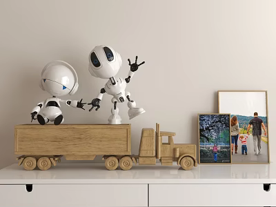 Robot Dolls Playing on Wooden Truck on White Shelf with Photo Frames 3d model