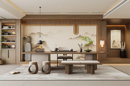 Zen New Chinese Tea Room Song Dynasty Aesthetic Background Wall Tea Table and Chair Combination Tea Set Tea Cabinet Buddha's Head Ornaments Song Rhyme Hanging Lamp 3d model