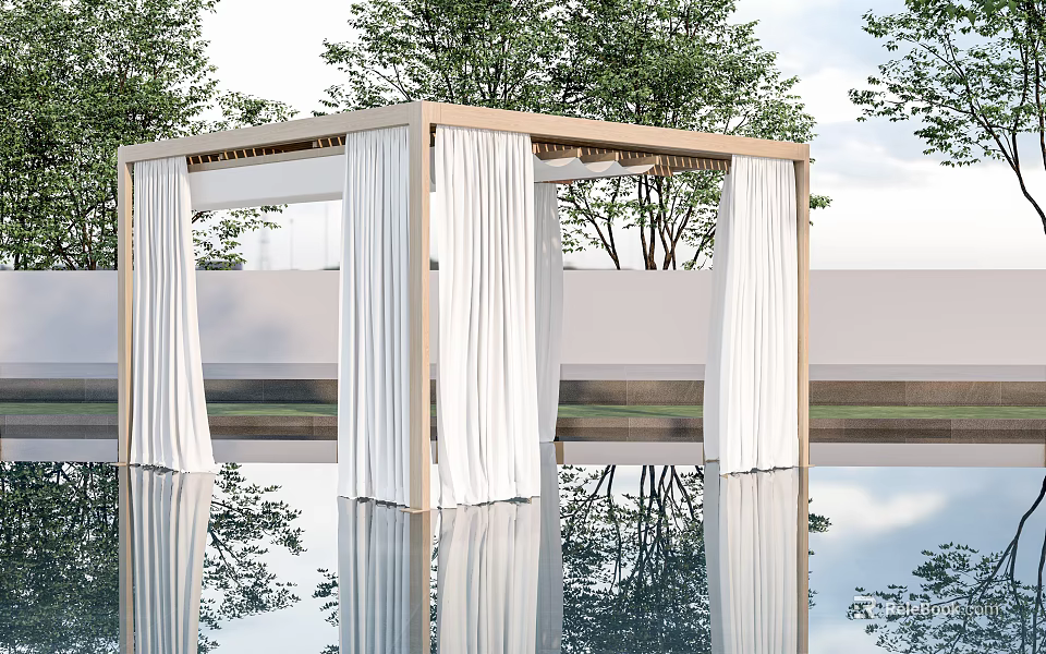Outdoor Wooden Pergola With White Curtains By Swimming Pool Surrounded By Trees And Reflections 3d model 