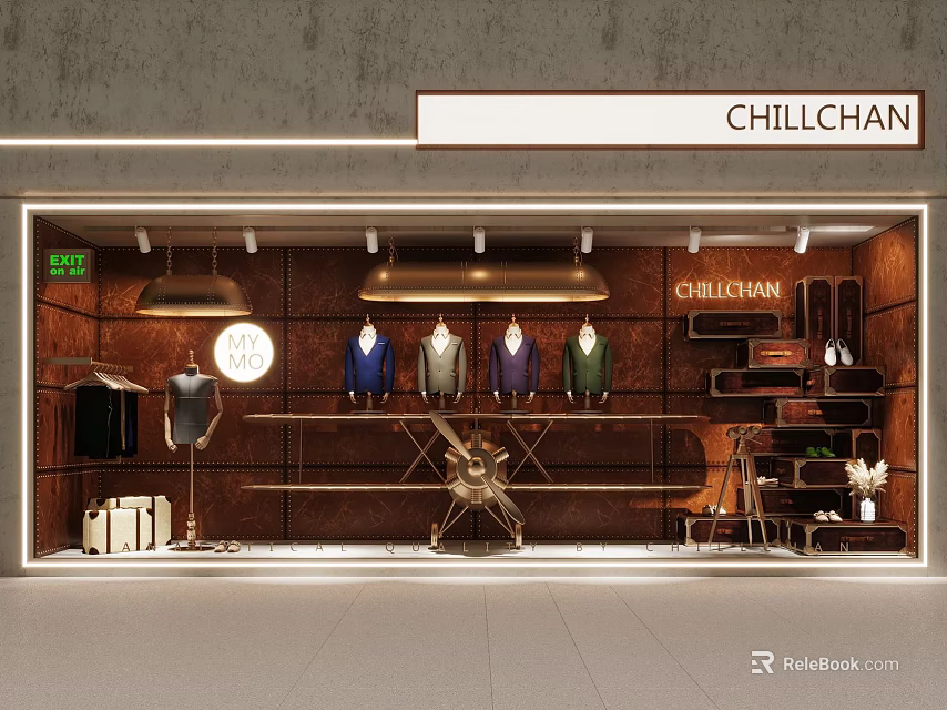 CHILLCHAN Store Window Featuring Wooden Background Mannequins Tops Clock Accessories And Elegant Lighting 3d model 