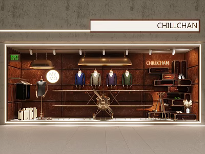 CHILLCHAN Store Window Featuring Wooden Background Mannequins Tops Clock Accessories And Elegant Lighting 3d model