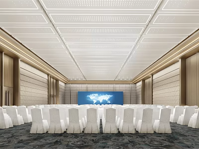 Modern Conference Room Interior With White Chairs Setup And Large World Map Display Screen 3d model