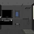 Modern Bathroom Interior With Black Tiles Shower Mirror Vanity Towel Rack And Window Blinds