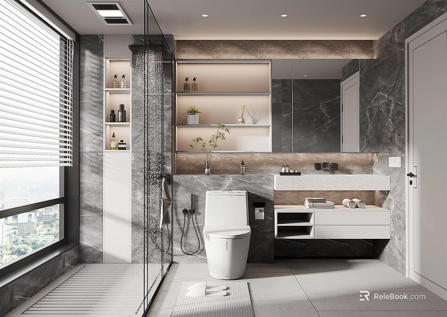 Modern Bathroom Interior With Glass Shower Marble Walls Vanity And Mirror 3d model 