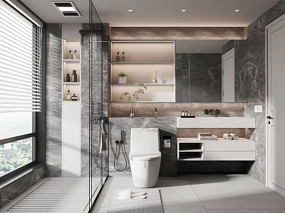 Modern Bathroom Interior With Glass Shower Marble Walls Vanity And Mirror 3d model