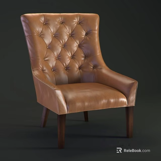 Leather Dining Chair With Tufted Back Design And Wooden Legs 3d model 
