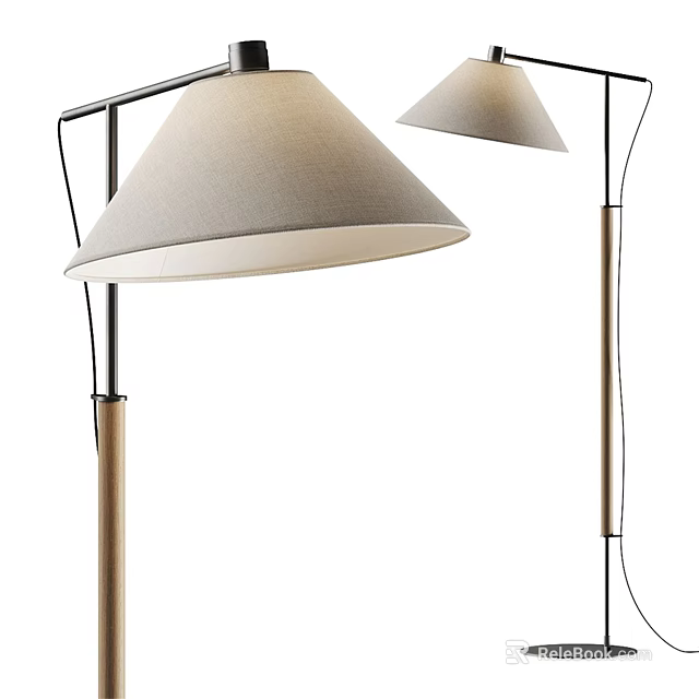 Modern Floor Lamp With Beige Fabric Shades And Wooden Metal Stand 3d model 