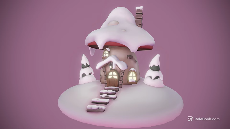 Snow Covered Mushroom Shaped Treehouse With Chimney Small Pine Trees And Wooden Steps 3d model 