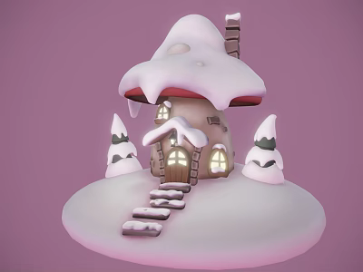 Snow Covered Mushroom Shaped Treehouse With Chimney Small Pine Trees And Wooden Steps 3d model
