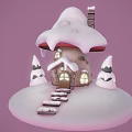 Snow Covered Mushroom Shaped Treehouse With Chimney Small Pine Trees And Wooden Steps