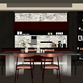 Modern Restaurant Interior With Dining Table Red Chairs And Marble Backsplash 3d model