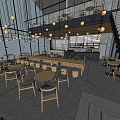 Modern Restaurant Interior With Hanging Lights Staircase Round Tables And Bar Counter