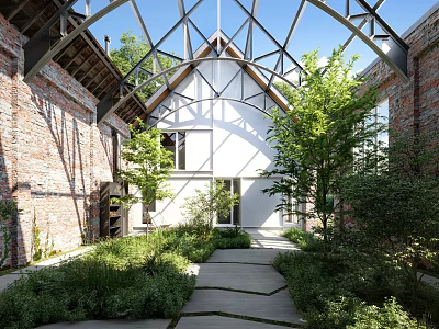 Serene Courtyard Garden With Red Brick Walls Glass Roof White Building And Stone Path 3d model