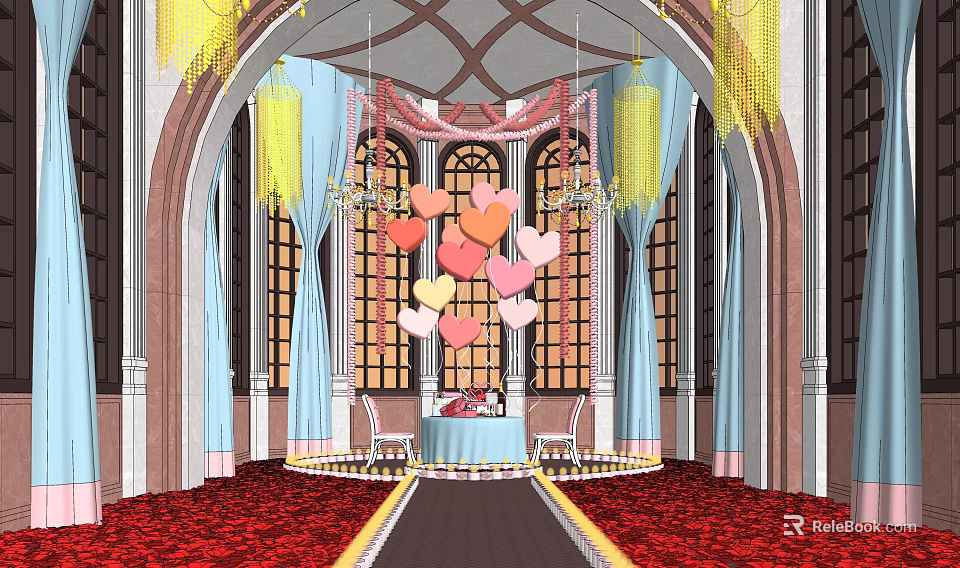 Elegant Banquet Hall Interior With Heart Shaped Balloons Colorful Curtains Chandeliers Red Carpet Arched Windows 3d model 