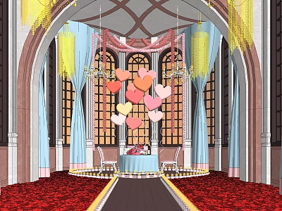 Elegant Banquet Hall Interior With Heart Shaped Balloons Colorful Curtains Chandeliers Red Carpet Arched Windows 3d model