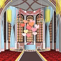 Elegant Banquet Hall Interior With Heart Shaped Balloons Colorful Curtains Chandeliers Red Carpet Arched Windows