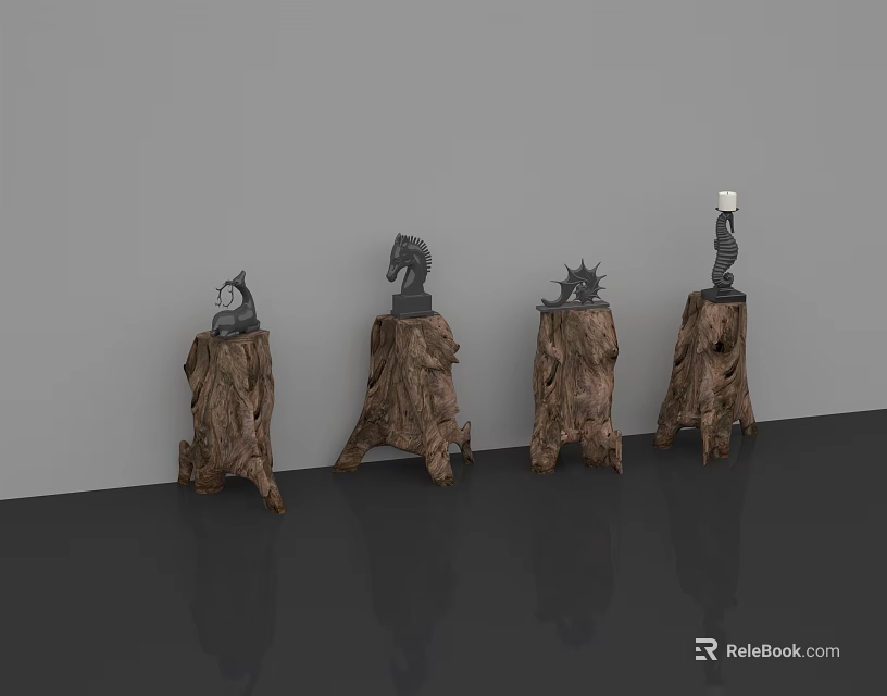 Artistic Ornament Decoration Set With Wooden Stump Bases And Various Sculptures 3d model 