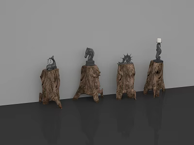 Artistic Ornament Decoration Set With Wooden Stump Bases And Various Sculptures 3d model