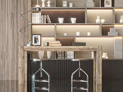Modern Study Room With Wooden Bookshelves Books Table Lamp Vases And Photo Frames 3d model