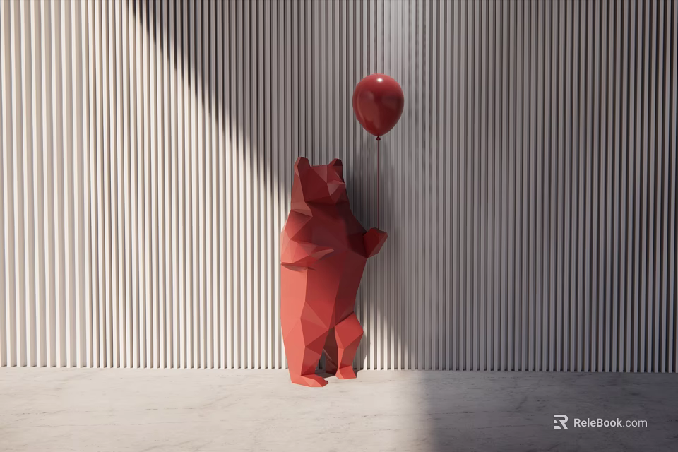 Red Geometric Bear Sculpture With Balloon Against Striped Wall Background 3d model 