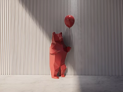 Red Geometric Bear Sculpture With Balloon Against Striped Wall Background 3d model