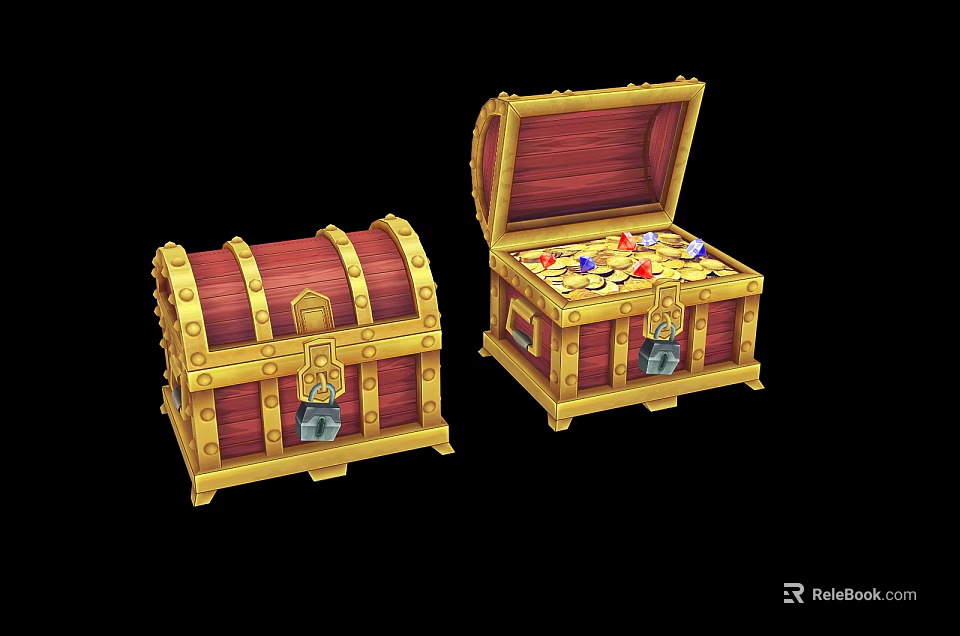 Decorative Treasure Chests One Open With Gold Coins Gems And One Closed 3d model 