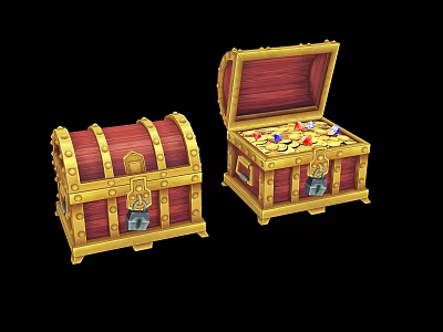 Decorative Treasure Chests One Open With Gold Coins Gems And One Closed 3d model