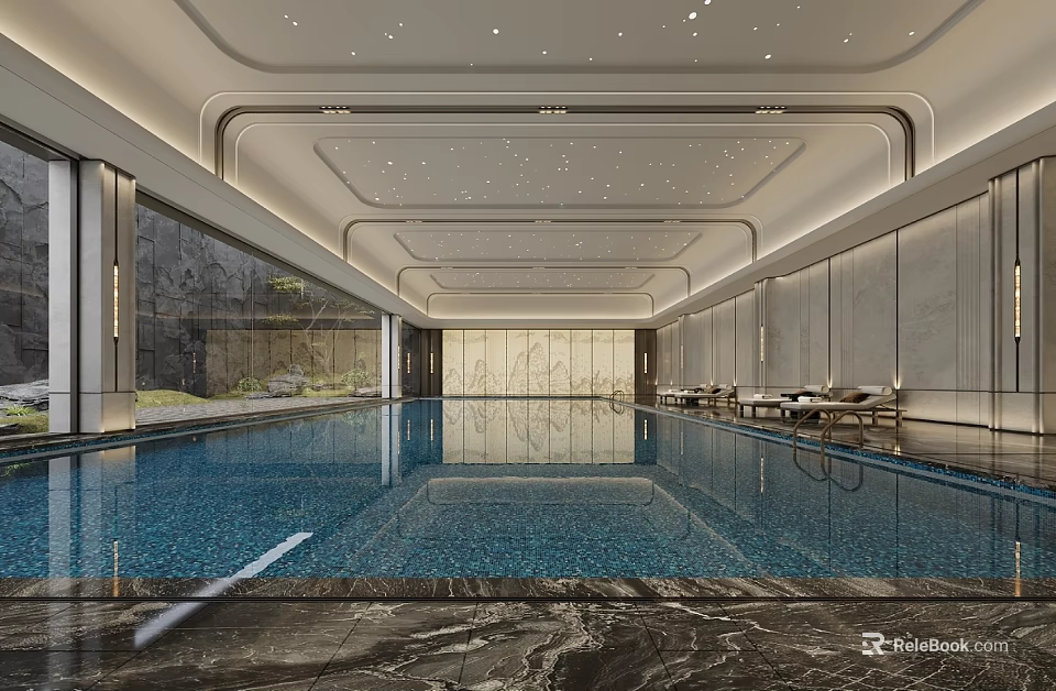 Luxury Indoor Swimming Pool With Lounge Chairs And Large Windows 3d model 