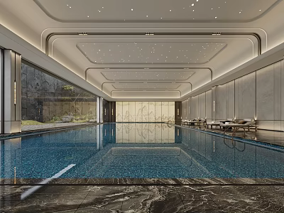 Luxury Indoor Swimming Pool With Lounge Chairs And Large Windows 3d model