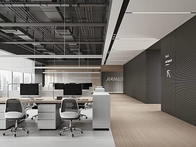 Modern Public Office Space Design With Open Layout Desks Computers And Branding Signage 3d model