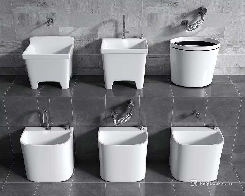 White Bathroom Fixtures With Various Designs On Gray Tile Wall And Floor 3d model 