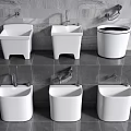 White Bathroom Fixtures With Various Designs On Gray Tile Wall And Floor