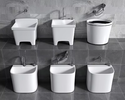 White Bathroom Fixtures With Various Designs On Gray Tile Wall And Floor 3d model
