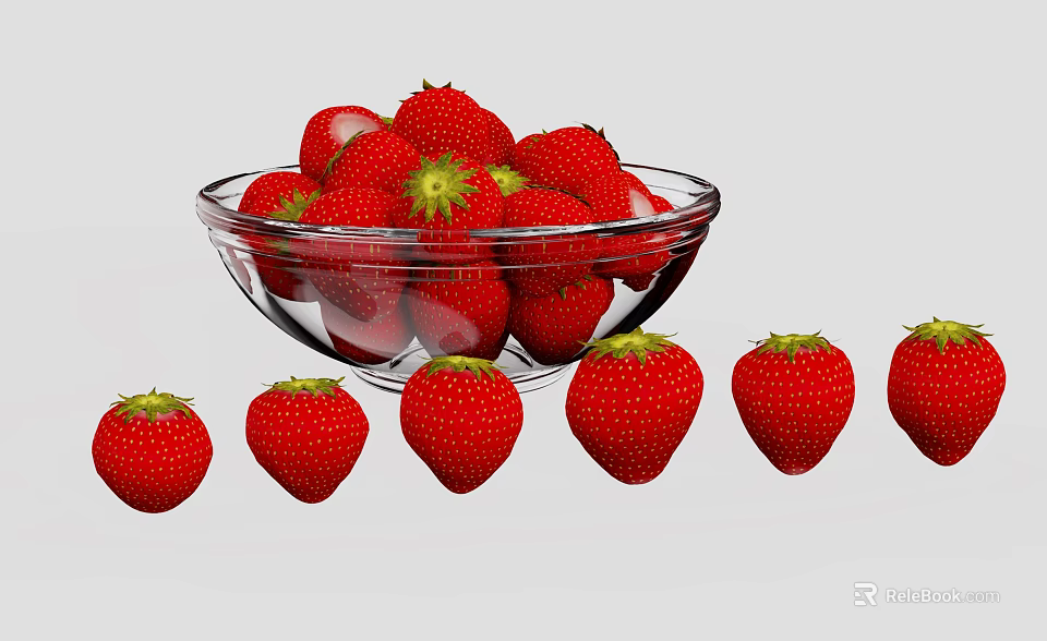 Fresh Red Strawberries Filled in Clear Glass Bowl with Several Arranged Beside 3d model 