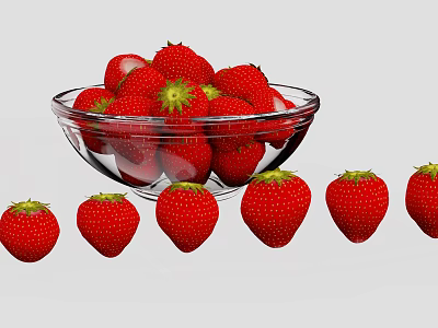 Fresh Red Strawberries Filled in Clear Glass Bowl with Several Arranged Beside 3d model