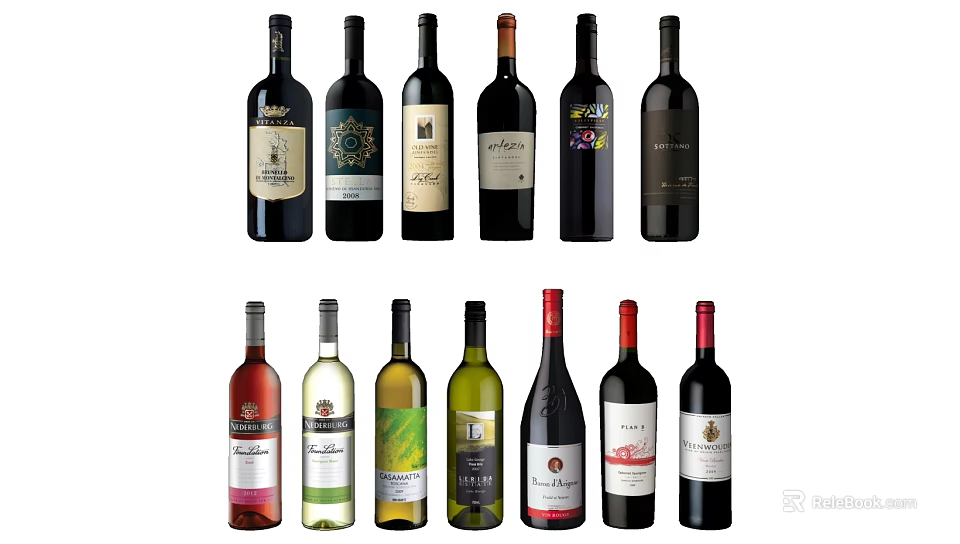 Various Wine Bottles And Glasses With Assorted Labels And Colors On 3d model