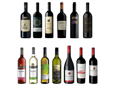 Various Wine Bottles And Glasses With Assorted Labels And Colors On 3d model