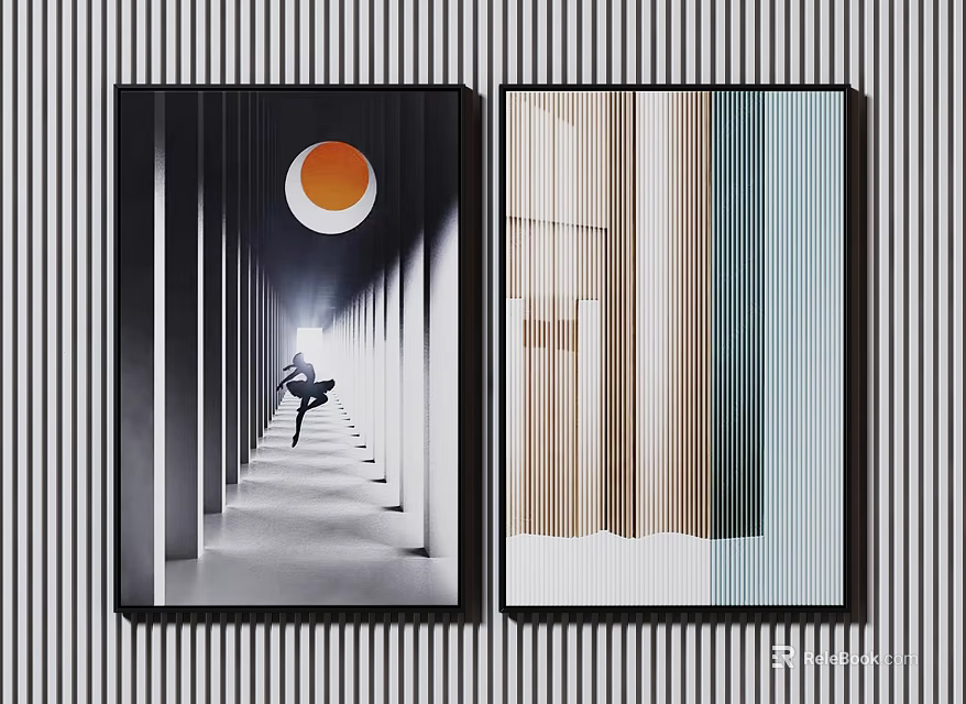 Two Modern Artworks With Orange Circle Figure And Vertical Striped Design 3d model 