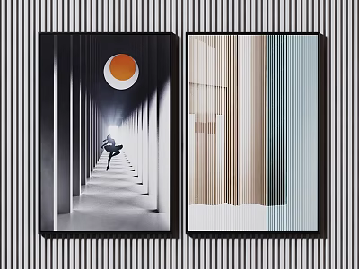 Two Modern Artworks With Orange Circle Figure And Vertical Striped Design 3d model