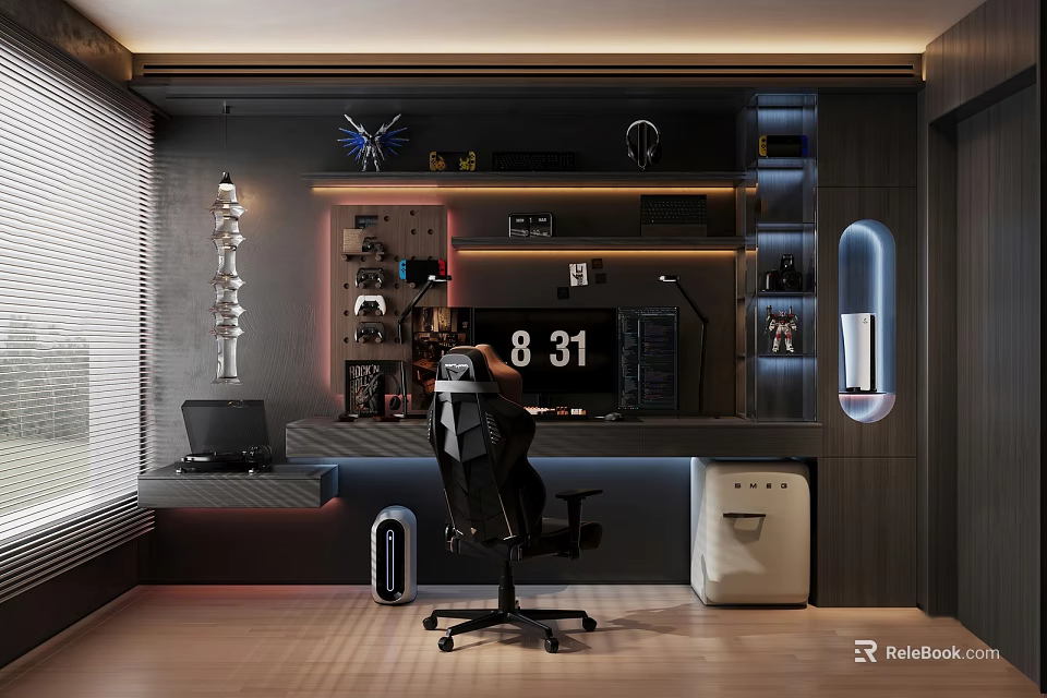 Modern Study Room With Gaming Chair Computer And Storage Shelves 3d model