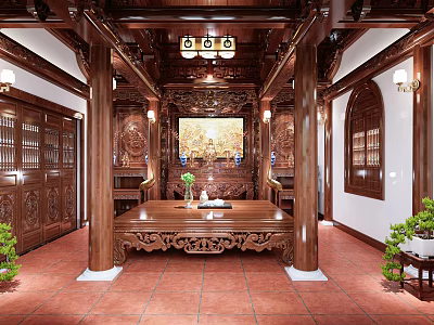 Traditional Chinese Religious Worship Hall With Intricate Wooden Carvings Altar Table And Decorative Artwork 3d model