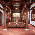 Traditional Chinese Religious Worship Hall With Intricate Wooden Carvings Altar Table And Decorative Artwork