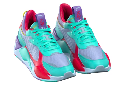 Stylish Puma Sneakers Featuring Teal Laces Red Purple Gray and White Colors 3d model