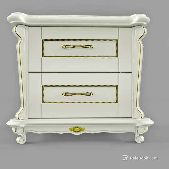 Elegant White Chest of Drawers with Gold Accents and Ornate Design 3d model 