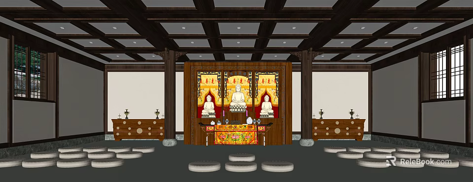 Buddhist Temple Worship Space With Three Buddha Statues Altar Table And Round Meditation Cushions 3d model 