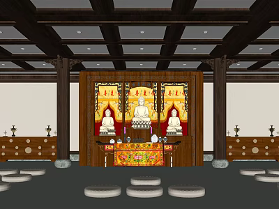 Buddhist Temple Worship Space With Three Buddha Statues Altar Table And Round Meditation Cushions 3d model